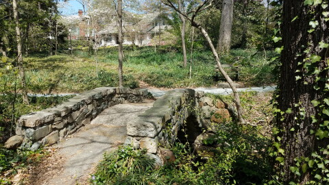 A stone bridge and wooded area in Fisher Park. 