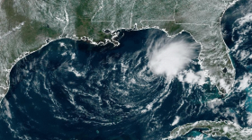 This satellite image, altered to indicate state and national borders, shows Tropical Storm Arlene in the eastern Gulf of Mexico early Friday afternoon.