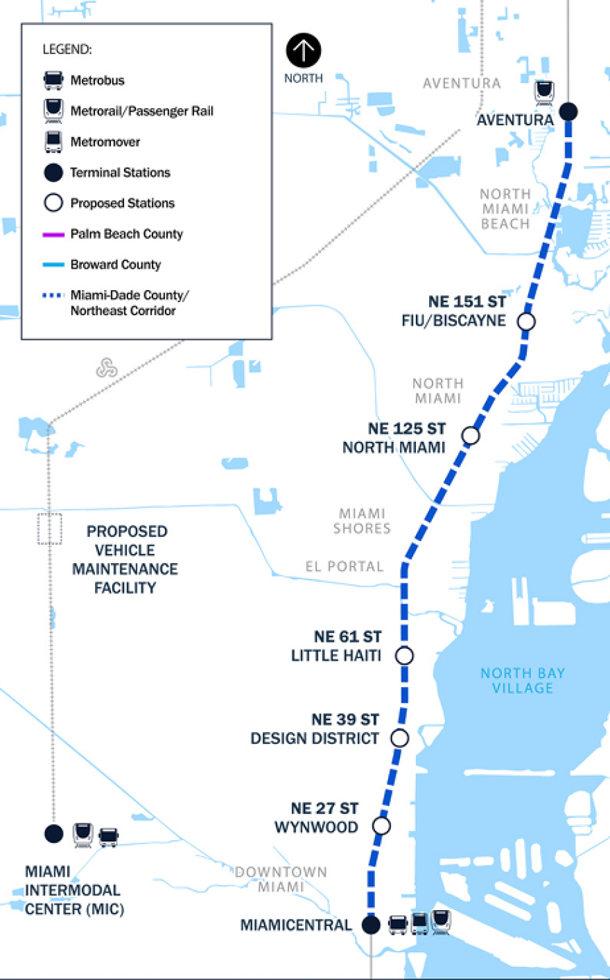 Map of proposed Northeast Corridor commuter rail stops in Miami-Dade County
