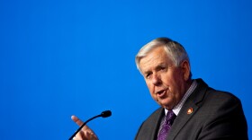 Missouri Gov. Mike Parson speaks on Monday, April 24, 2023, during remarks kicking off St. Louis Tech Week at World Wide Technology’s world headquarters in Maryland Heights.