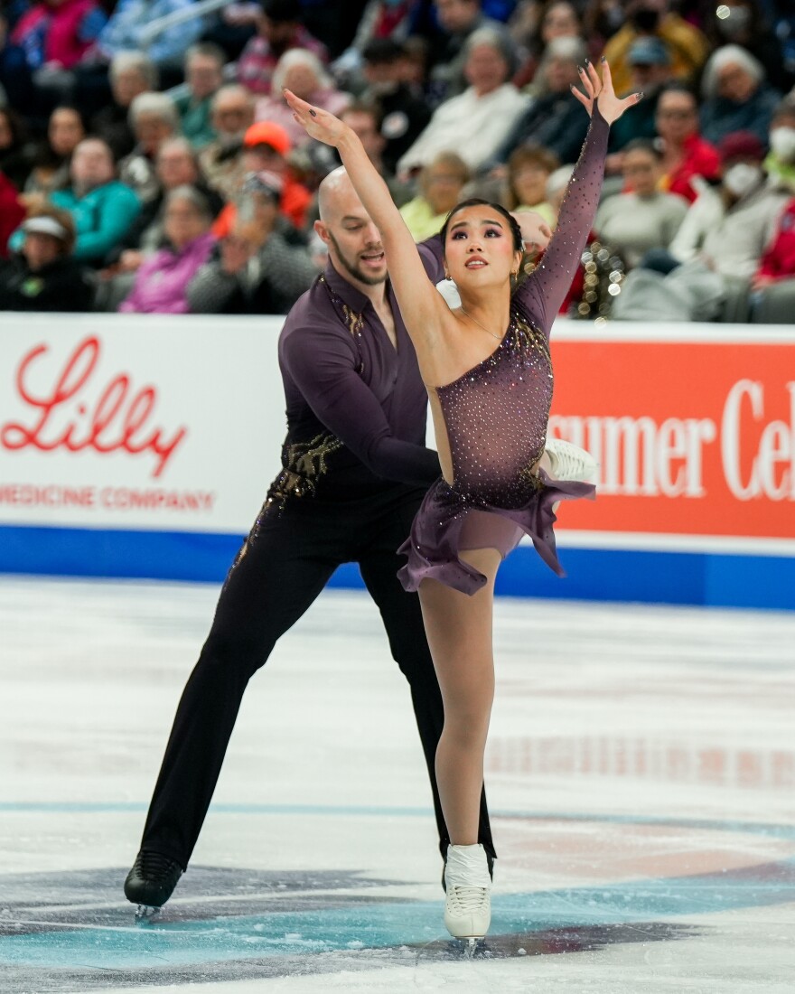 Ellie Kam, of Thunderbirds FSC, and Danny O'Shea, of SC of New York, compete in the pairs short program during the 2026 U.S. Figure Skating Championships at the Enterprise Center on Wednesday, Jan. 7, 2026, in St. Louis’ Downtown West neighborhood.