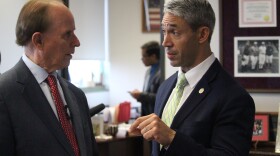 Bexar County Judge Nelson Wolff and San Antonio Mayor Ron Nirenberg talk after a press conference in March.