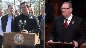 Picture are Governor Ron DeSantis (left) addressing reporters in Bay County, and Congressman Neal Dunn (right) speaking on the House floor.