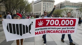 Demonstrators march for the legalization of marijuana outside of the White House, in Washington, Saturday, April 2, 2016. During the march they demanded Obama use his authority to stop marijuana arrests and pardon offenders.