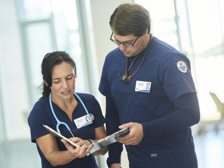  Montana State nursing students Kelley Bryan and Sean Barbula review notes Friday, August 2, in Bozeman.