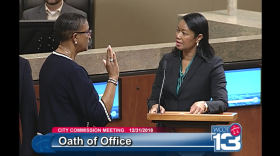 Elaine Bryant (left) is sworn into office. She emerged from a field of 93 applicants vying to replace Scott Maddox who was suspended from office. (Dec.31, 2018)