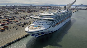 The Grand Princess docks at the Port of Oakland in Oakland, Calif., on Monday, March 9, 2020. The cruise ship is carrying multiple people who tested positive for COVID-19. (Noah Berger/AP)