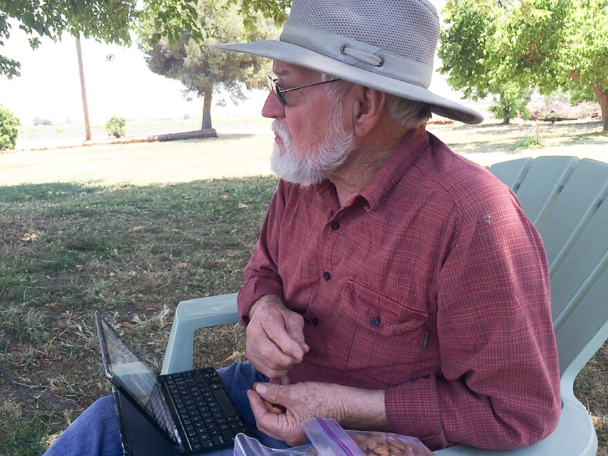 Glenn Anderson snacks on almonds at his farm in Hilmar, Calif. He's not a fan of pasteurizing the nuts — he says it ruins the taste, so that it "leans towards cardboard, as opposed to fresh almonds."