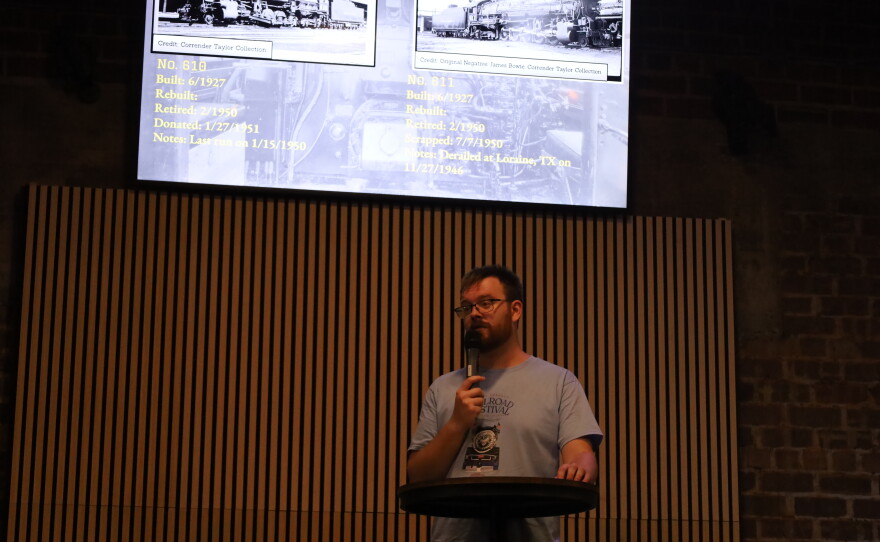 Corrender Taylor during his presentation on the 600 class roster of the Texas and Pacific Railway marking the end of the Abilene Railroad Festival. Photo by Allison Diaz.
