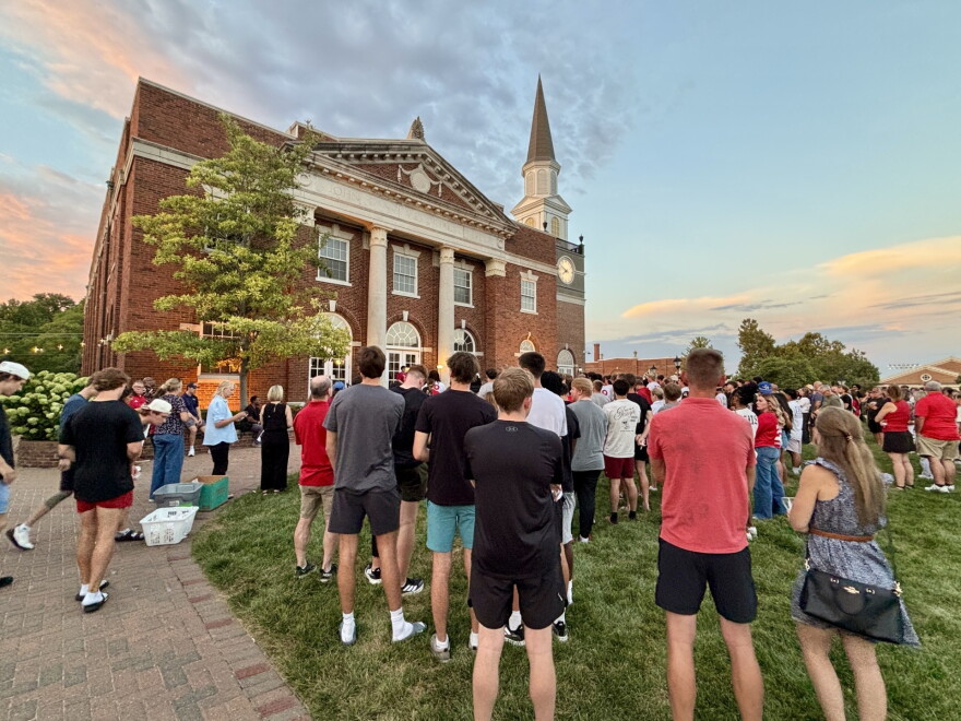 Students gather on the William Jewell College quad for a vigil for MichaJo Barnett. 