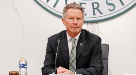 Michigan State University President Kevin Guskiewicz at a meeting of the Board of Trustees in East Lansing, Mich., on Feb. 7, 2025.