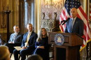 Utah Supreme Court nominees Judge Matthew Bell (far left) and Michael Menssen (left) sit alongside 3rd District Court Nominee Elizabeth Butler as Gov. Spencer Cox announced their nominations during a press conference at the Utah State Capitol, Aug. 28, 2026.