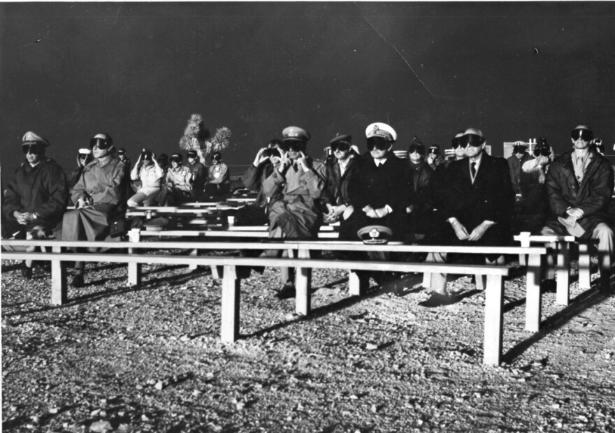 NATO observers attend the Boltzmann Event detonation on May 28, 1957, at Nevada Test Site. The detonation was part of Operation Plumbbob.