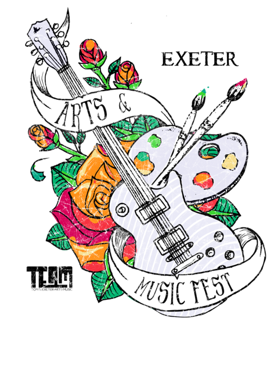 "Exeter Arts & Music Fest" written over a drawing of a painter's palette and a guitar.