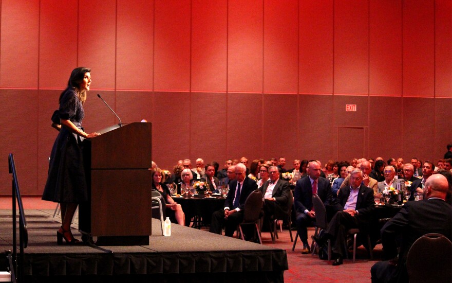 Nikki Haley, who served as the ambassador to the United Nations under President Donald Trump, speaks to Iowa Republicans at their Lincoln Dinner.