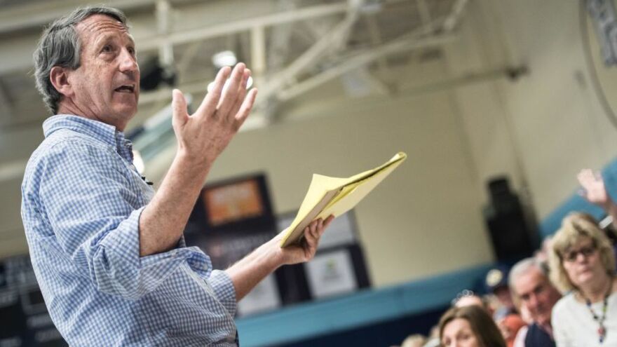 Rep. Mark Sanford, R-S.C., addresses the crowd during a town hall meeting in Hilton Head, S.C., in March 2017.