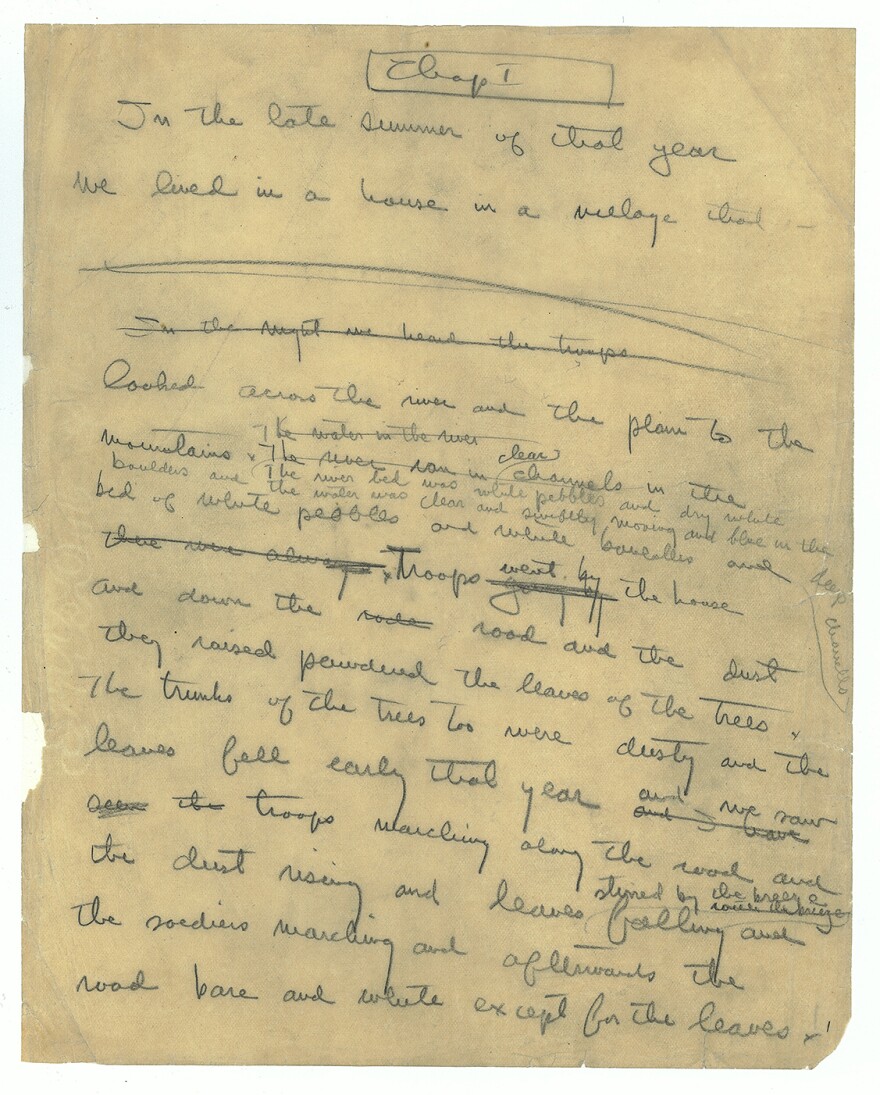 Hemingway wrote 47 endings for his novel <em>A Farewell to Arms</em> before settling on one. Here, the first page of a handwritten <em>Farewell </em>manuscript.