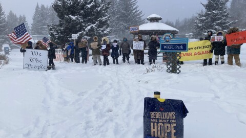 People gathering at WKFL Park to mark the anniversary of the U.S. Capitol attack on Tuesday, Jan 6, 2026.
