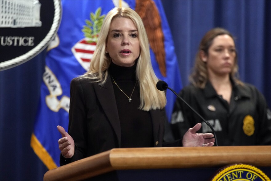 Attorney General Pam Bondi speaks at a news conference regarding immigration enforcement at the Justice Department, Wednesday, Feb. 12, 2025, in Washington.