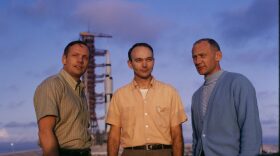 Apollo 11 astronauts Neil Armstrong, Michael Collins, and Buzz Aldrin stand near their spacecraft. (Otis Imboden/National Geographic Creative)