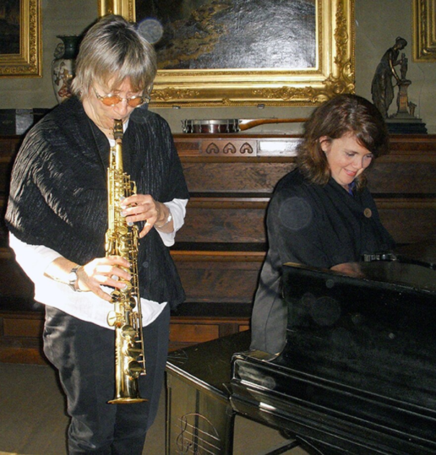 Jane Ira Bloom and Dawn Clement at the Evergreens, home of Emily's brother Austin Dickinson, in 2016