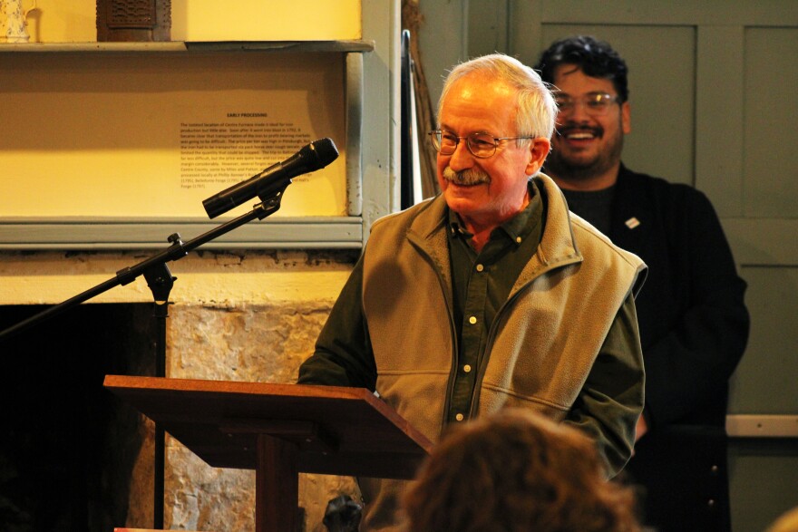 Artist Jeff Mathison smiles during the commemoration ceremony for State College's "Bells Across PA" liberty bell in the Centre Furnace Mansion on Friday, Nov. 21, 2025 in College Township, Pa.
