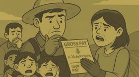 Illustration of a latino mother sitting next to her children with an image of ICE looking at a map of Mexico in the background