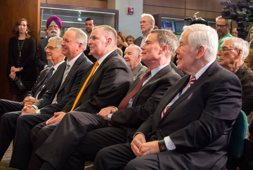 From right to left â€“ former U.S. senator and Indianapolis mayor Richard Lugar, current mayor Joe Hogsett, and former mayors Greg Ballard, Bart Peterson and Steve Goldsmith.