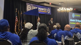 U.S. Senate candidate Abdul El-Sayed addresses UAW officials at the union's Michigan Community Action Program Conference.