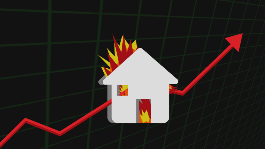 A white house on fire on a black background has a red arrow going up.