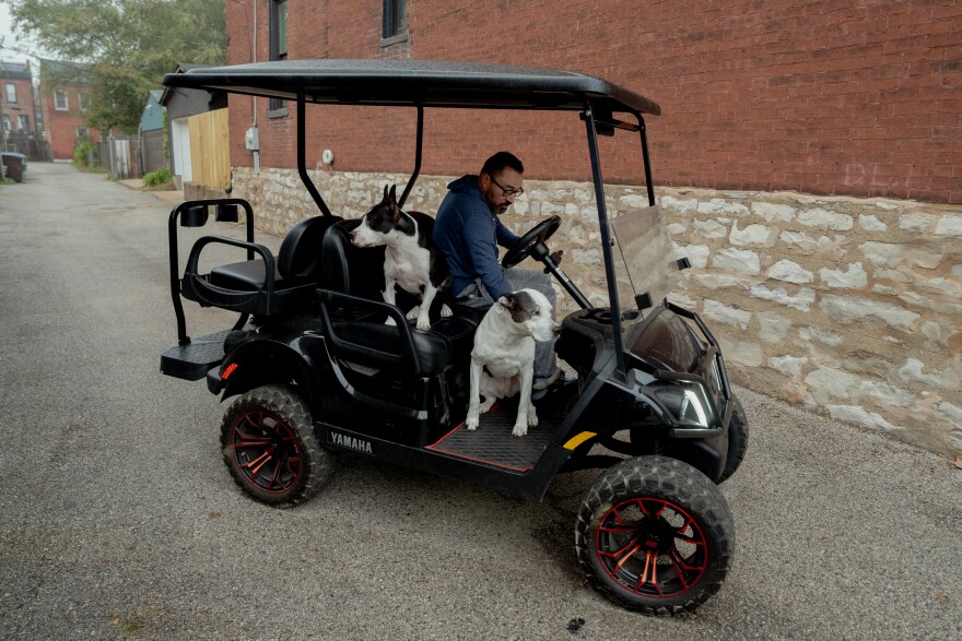 Hector Gonzalez drives his golf cart outside his family’s home in the Benton Park neighborhood with his Staffordshire bull terriers in tow, Spuds, 5, left, and Cookie, 10, right, on Tuesday, Oct. 28, 2025, in south St. Louis. Gonzalez said he supports safety regulations on golf carts, but emphasized that residents should not have to pay the consequences for a few bad actors — only adding to law enforcement’s plate. “I think that these type of restrictions can hurt some businesses, because people get on their golf carts and go and support them,” he said. “I'm not against enhanced safety measures by way of an ordinance. I think my concern is limiting those responsible drivers to be able to move around safely while adhering to the rules of the road.”