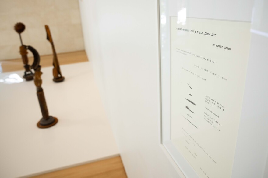 “Elevation Solo for 4 Piece Drum Set” by artist Oshay Green on display next to his sculptures at the Nasher Sculpture Center in Dallas on Wednesday, Dec. 3, 2025.
