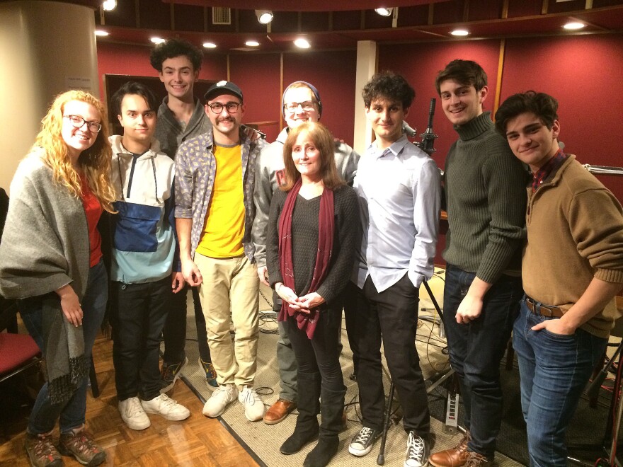 Anne Serling (center) with CCM students who recorded "O'Toole From Moscow" at Cincinnati Public Radio in November 2019.
