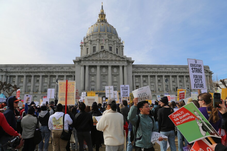 Rally at Civic Center Plaza on Feb. 9, 2026.