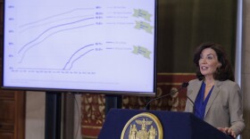 Gov. Kathy Hochul gives a COVID-19 briefing in Albany Sunday, February 27, 2022