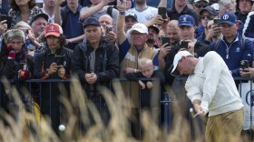 Rory McIlroy of Northern Ireland hits off the 17th tee during a practice round ahead of the British Open Golf Championships at Royal Troon golf club in Troon, Scotland, Wednesday, July 17, 2024. (AP Photo/Jon Super)