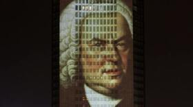 A portrait of Bach, projected in December 2005 on a skyscraper in his longtime home city of Leipzig, Germany.