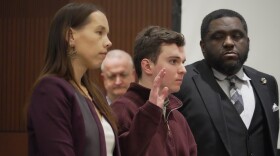 Austin Thompson is sworn in during a hearing in Wake County Superior Court on Wednesday, Jan. 21, 2026, in Raleigh, N.C.