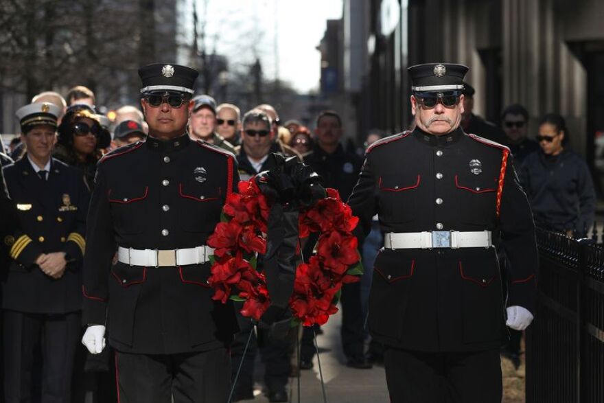 The LFD Honor Guard during the 20th Anniversary Remembrance & Wreath Ceremony honoring Lieutenant Brenda Cowan at Phoenix Park Feb. 13, 2024. Photo by Amy Wallot