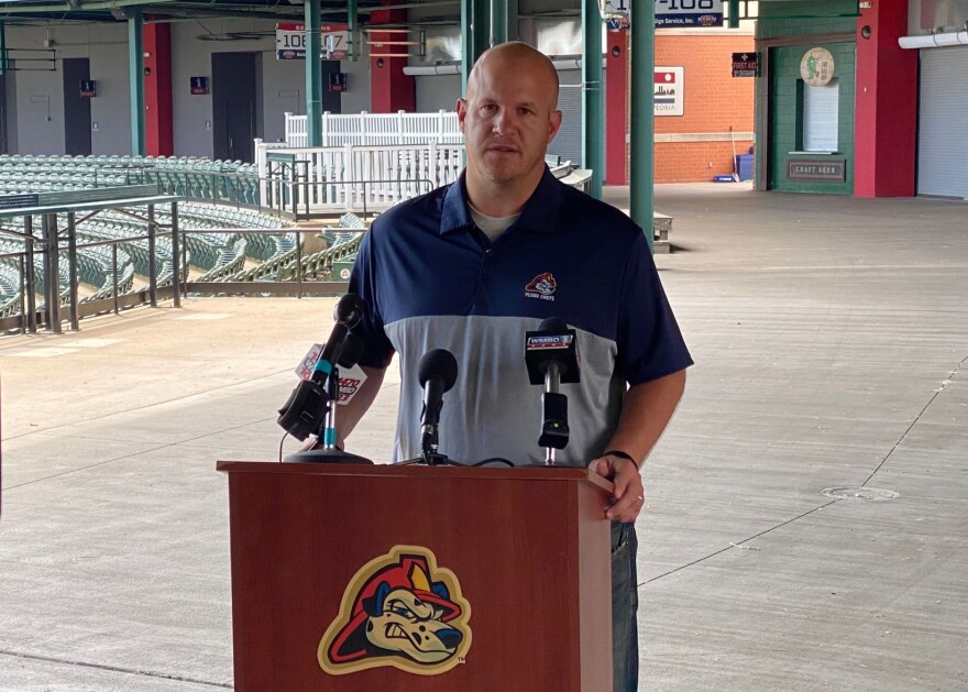 Peoria Chiefs General Manager Jason Mott holds a news conference Wednesday, July 1, 2020 at Dozer Park.