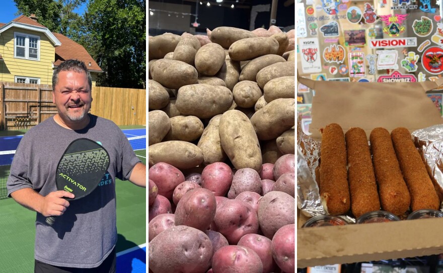 Three photos edited together show a man holding a pickleball racket, a pile of potatoes and four oversized mozzarella sticks in a cardboard box.
