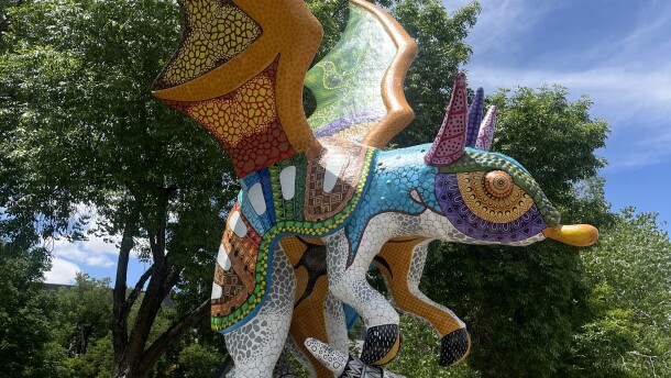 Margarito Melchor's "The Armadillo" gazes onto Copper Avenue from its perch in Robinson Park.