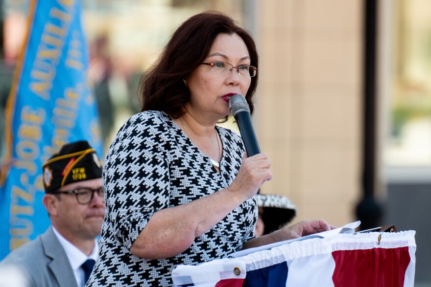 U.S. Sen. Tammy Duckworth, D-Illinois, speaks during a Veterans Day ceremony on Monday, Nov. 11, 2024, in downtown Belleville, Ill.