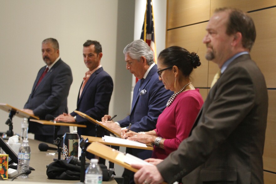 Candidates for governor of New Mexico participate in a public forum in Rio Rancho, N.M., on April 28, 2026, ahead of a June 2 primary election: From left to right, they are Democratic Bernalillo County District Attorney Sam Bregman, Republican businessman Doug Turner; Republican cannabis entrepreneur and health care expert Duke Rodriguez, Democratic former U.S. Interior Secretary Deb Haaland, and Republican former Rio Rancho mayor Gregg Hull.