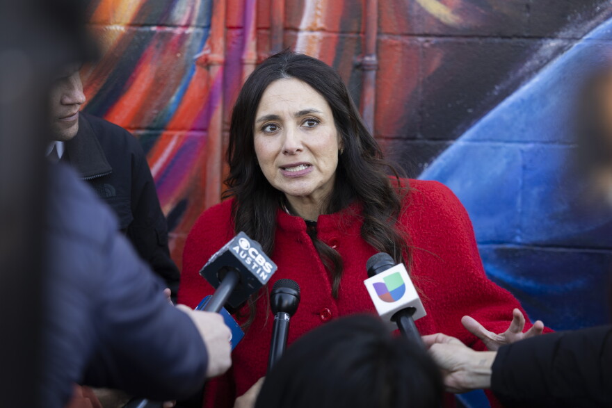 State Rep. Gina Hinojosa (D-Austin) speaks to reporters at Pan American Park in East Austin, TX, after a protest on January 31, 2026.
