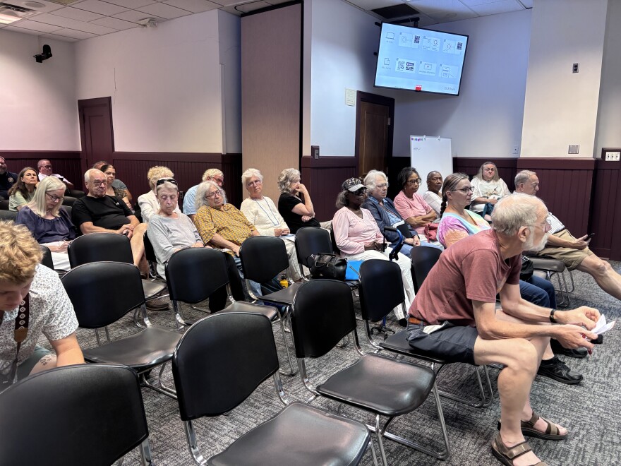 Oxford residents attend a public meeting on Aug. 6, 2026 to discuss the city's use of automated license plate reader cameras from Flock Safety.