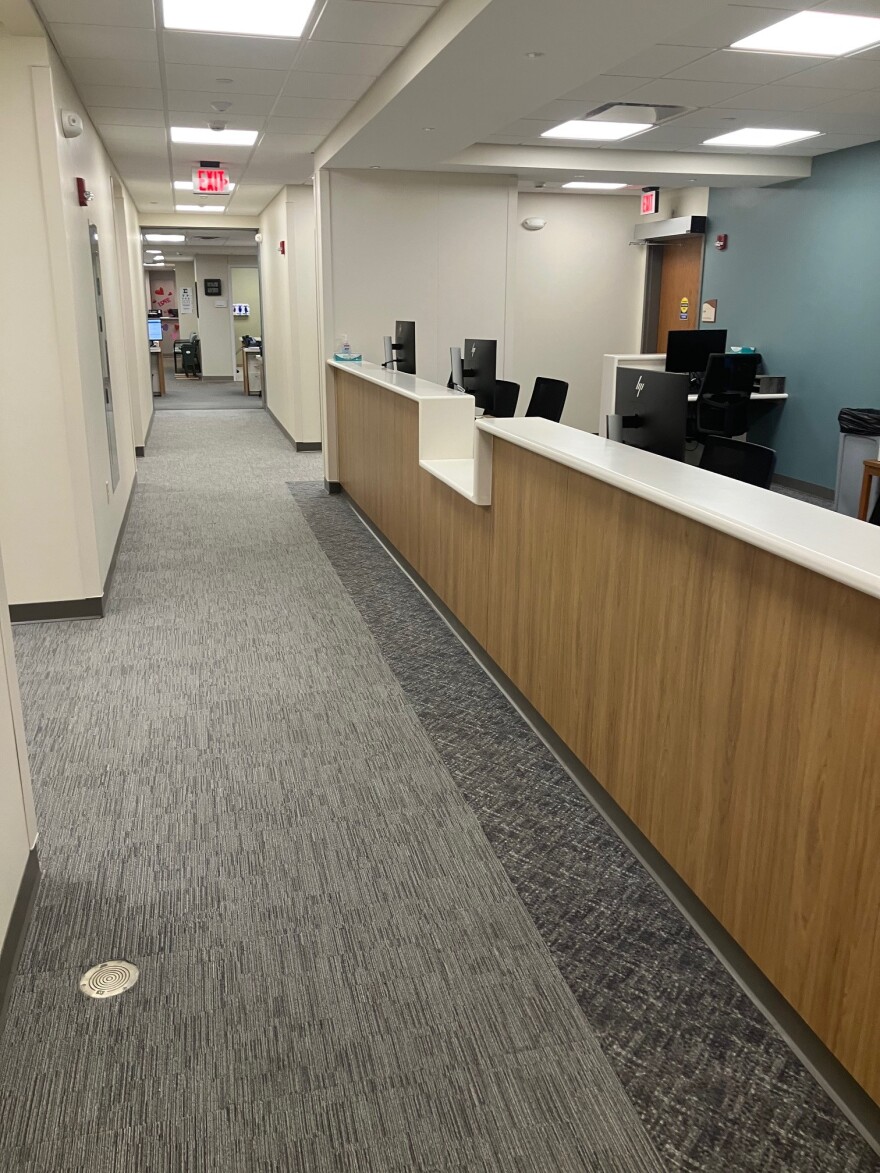 A hallway and nurses' station in the Eldridge clinic addition.