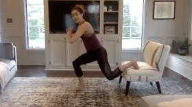 Elizabeth Heidari teaches an exercise class through Zoom, a videoconferencing platform.