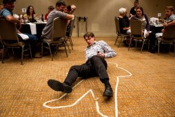 LINCOLN, NEB. - 06/09/2018."Ricky," the first murder victim of the night, dies of a stab wound in front of dinner guests during a show by comedy murder mystery group "The Dinner Detective" at the Lincoln Marriott Cornhusker Hotel. NICOLE NERI, Journal Star