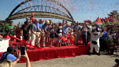 State officials including Gov. Mike DeWine cut the ribbon to open the 170th Ohio State Fair on July 23, 2025.